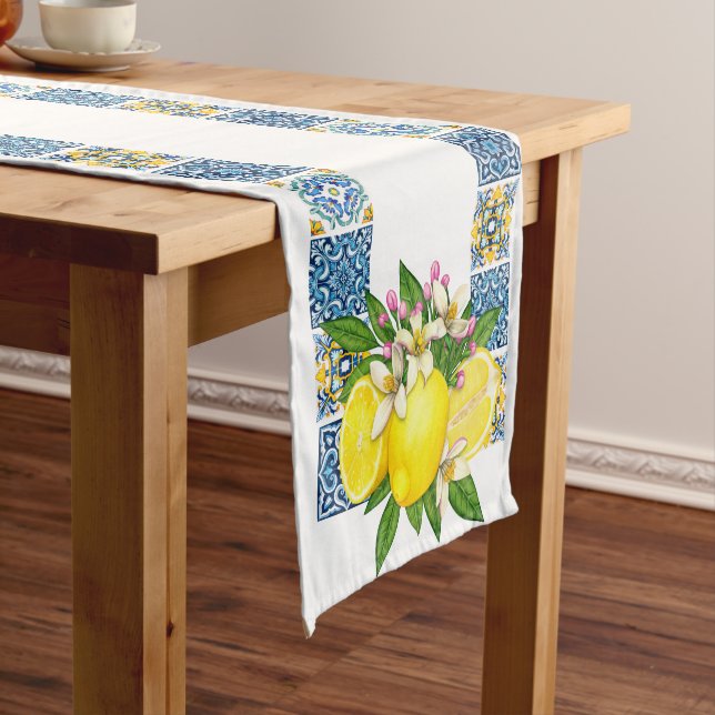 Bright Mediterranean Sicilian Tiles Citrus Lemons Short Table Runner (In Situ)