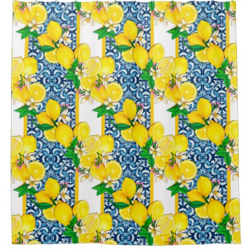 Bright Mediterranean Sicilian Tiles Citrus Lemons Shower Curtain