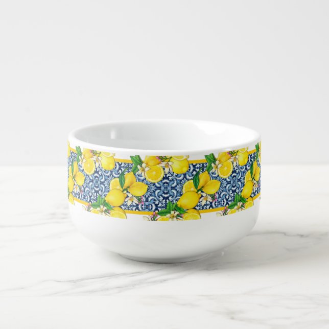 Bright Mediterranean Sicilian Tiles Citrus Lemons Soup Mug (Front)