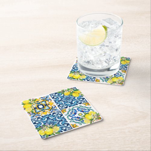 Bright Mediterranean Sicilian Tiles Citrus Lemons  Square Paper Coaster