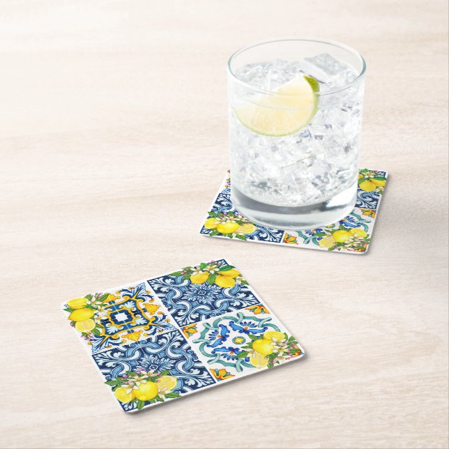 Bright Mediterranean Sicilian Tiles Citrus Lemons  Square Paper Coaster (Insitu)