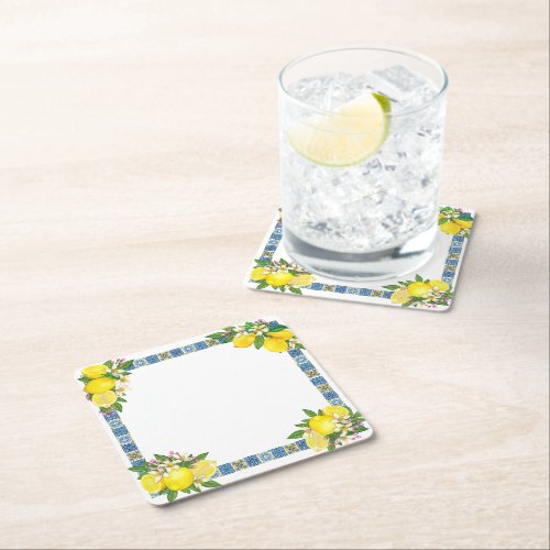Bright Mediterranean Sicilian Tiles Citrus Lemons  Square Paper Coaster