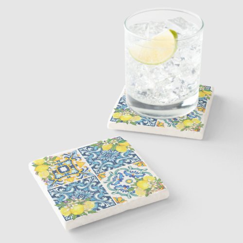 Bright Mediterranean Sicilian Tiles Citrus Lemons  Stone Coaster