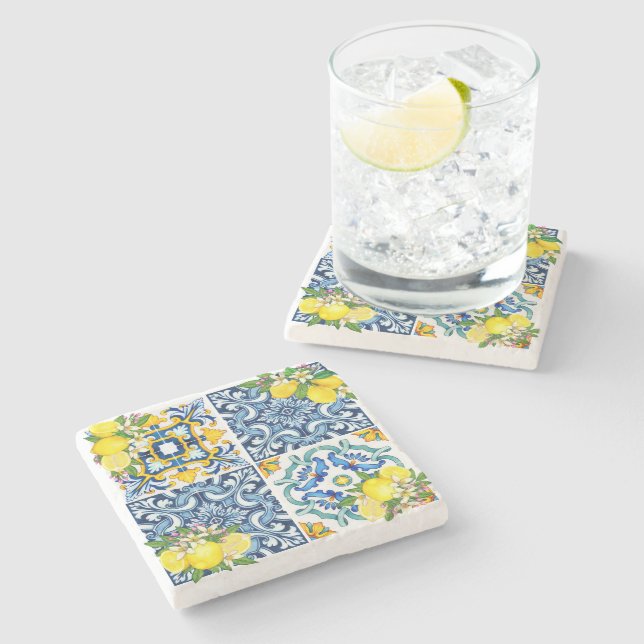 Bright Mediterranean Sicilian Tiles Citrus Lemons  Stone Coaster (Side)
