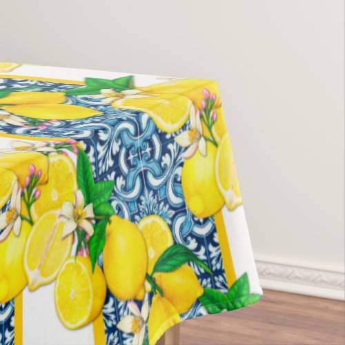 Bright Mediterranean Sicilian Tiles Citrus Lemons Tablecloth