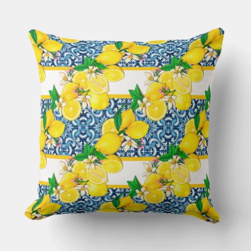 Bright Mediterranean Sicilian Tiles Citrus Lemons Throw Pillow