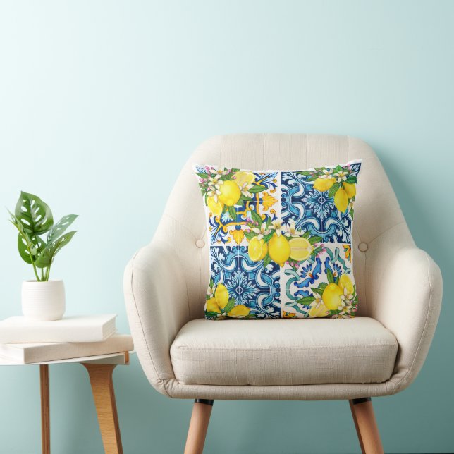 Bright Mediterranean Sicilian Tiles Citrus Lemons  Throw Pillow (Chair)