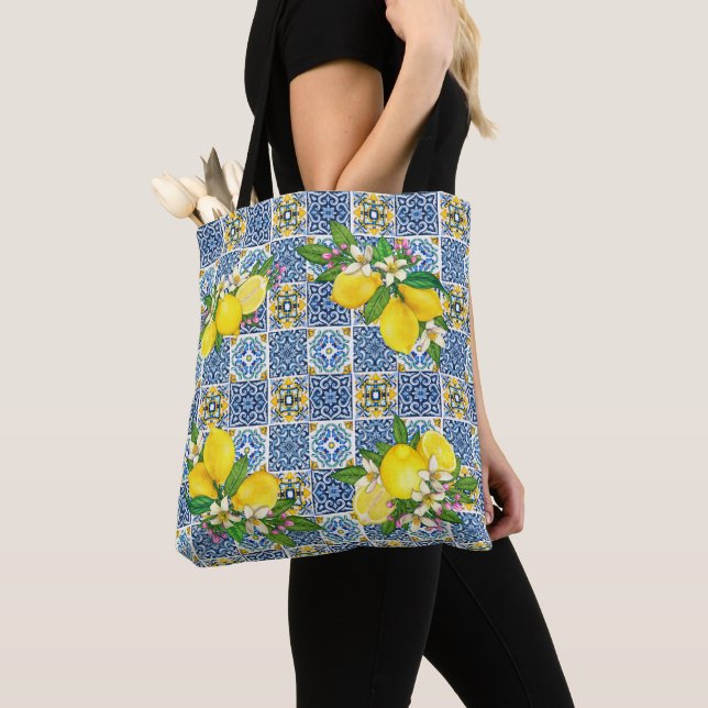 Bright Mediterranean Sicilian Tiles Citrus Lemons Tote Bag (Close Up)