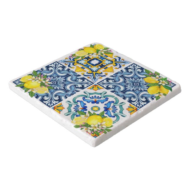 Bright Mediterranean Sicilian Tiles Citrus Lemons  Trivet (Corner)