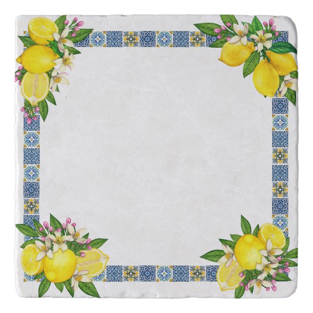 Bright Mediterranean Sicilian Tiles Citrus Lemons Trivet (Front)