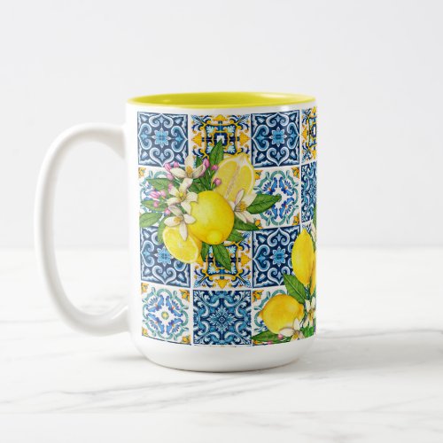 Bright Mediterranean Sicilian Tiles Citrus Lemons  Two_Tone Coffee Mug
