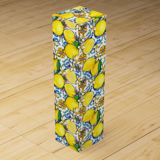 Bright Mediterranean Sicilian Tiles Citrus Lemons Wine Box (Front)
