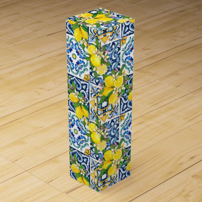Bright Mediterranean Sicilian Tiles Citrus Lemons  Wine Box (Front)