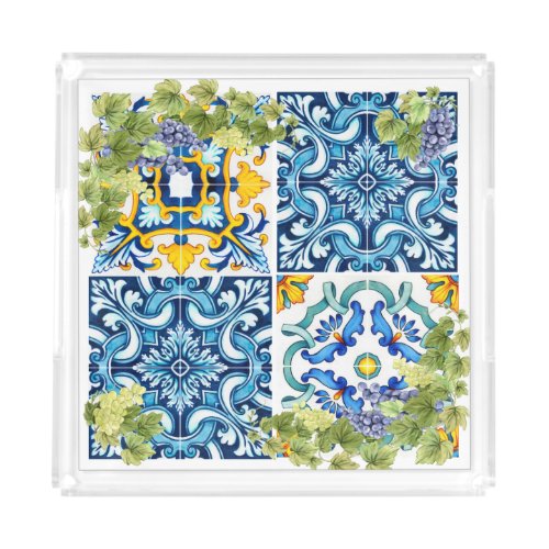 Bright Mediterranean Sicilian Tiles Grape Vine Acrylic Tray