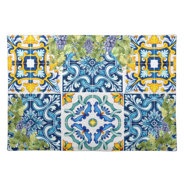 Bright Mediterranean Sicilian Tiles Grape Vine Cloth Placemat (Front)