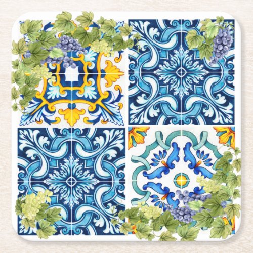 Bright Mediterranean Sicilian Tiles Grape Vine Square Paper Coaster