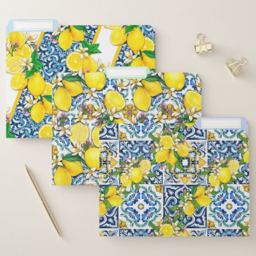 Bright Mediterranean Sicilian Tiles Lemons Citrus File Folder