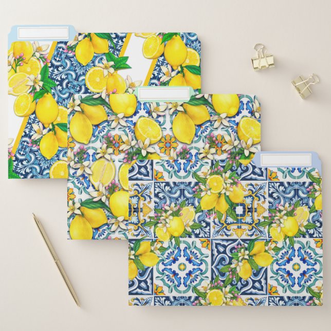 Bright Mediterranean Sicilian Tiles Lemons Citrus File Folder (Set)