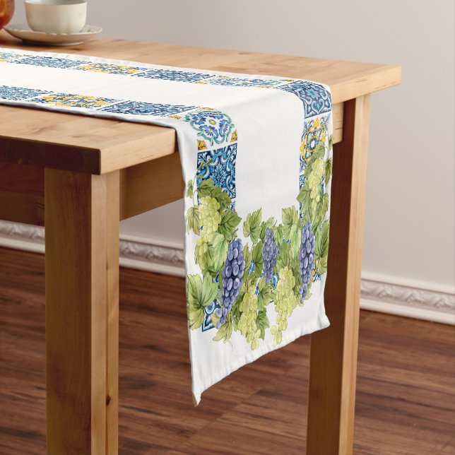 Bright Mediterranean Sicilian Tiles Wine Grapes Short Table Runner (In Situ)