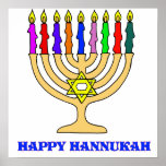 Bright Menorah Poster<br><div class="desc">A bright Hannukah menorah with the words Happy Hannukah welcomes the holiday.   Happy latke eating!</div>