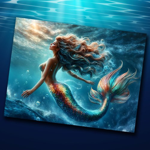 Bright mermaid girl waves sea fantasy colorful postcard