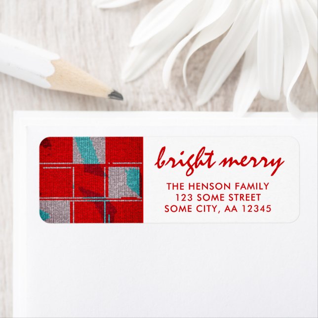 Bright Merry Red Knit Knitting Plaid Address Label (Insitu)
