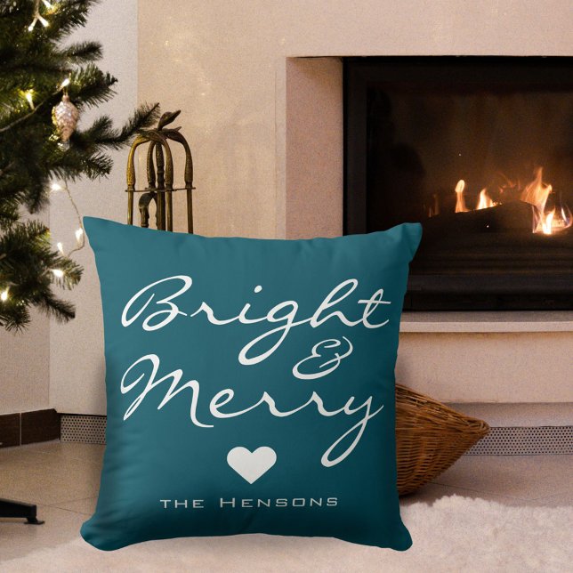 Bright Merry Script Heart Family Name Christmas Throw Pillow (Creator Uploaded)