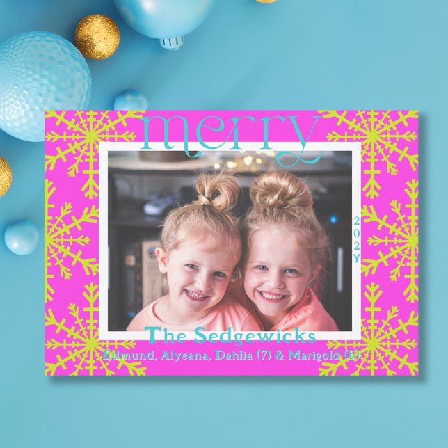 Bright Merry Snowflake Modern Maximal Photo Holiday Card (Bright Merry Snowflakes photo card in fuchsia, pear green, and turquoise.)