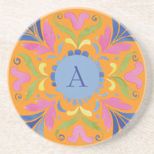 Bright Mexican Floral Monogram Sandstone Coaster