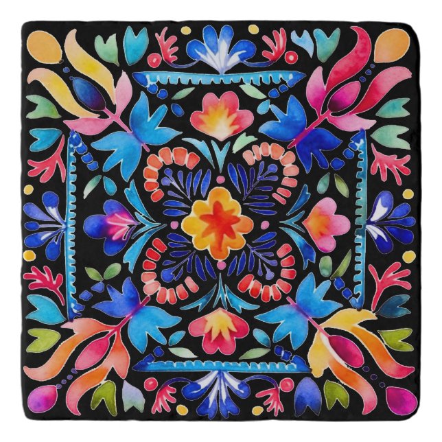 Bright Mexican Flower Design Stone Trivet (Front)