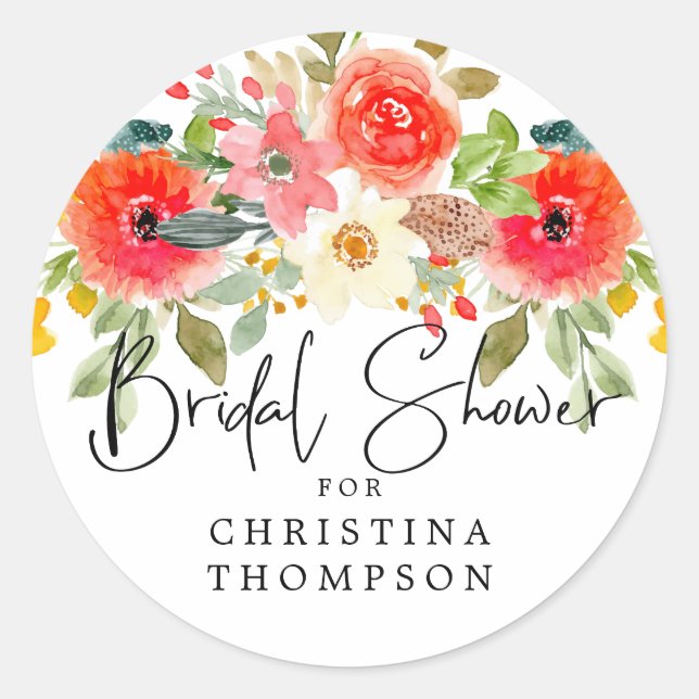 Bright Mid Summer Floral Bridal Shower Classic Round Sticker (Front)