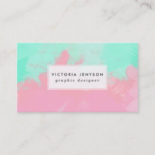 Bright mint green pink watercolor brushstrokes business card