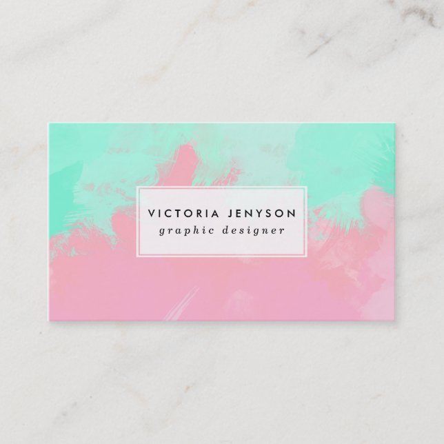 Bright mint green pink watercolor brushstrokes business card (Front)