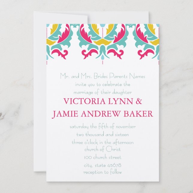 Bright Mint Pink Yellow Damask Wedding Invitation (Front)