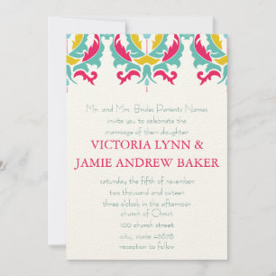 Bright Mint Pink Yellow Damask Wedding Invitation