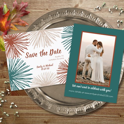 Bright Modern Abstract Dark Teal Copper Bisque  Save The Date