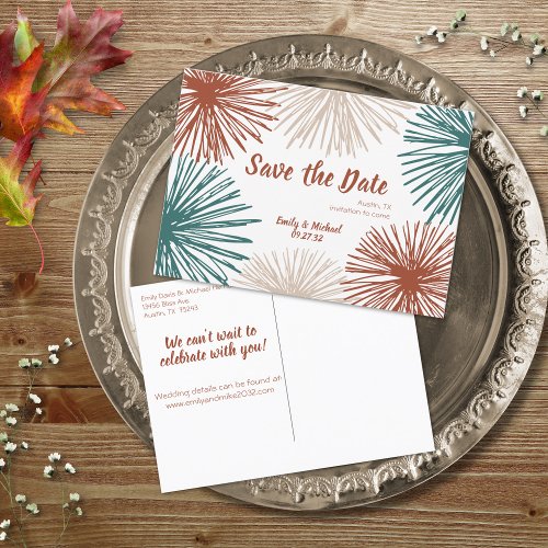 Bright Modern Abstract Teal Copper Save the Date Announcement Postcard