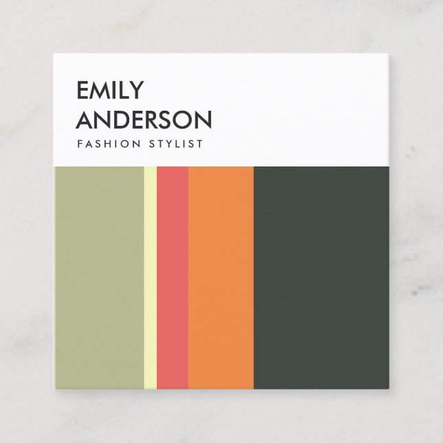BRIGHT MODERN BOLD BEIGE ORANGE PINK NAVY STRIPES SQUARE BUSINESS CARD (Front)