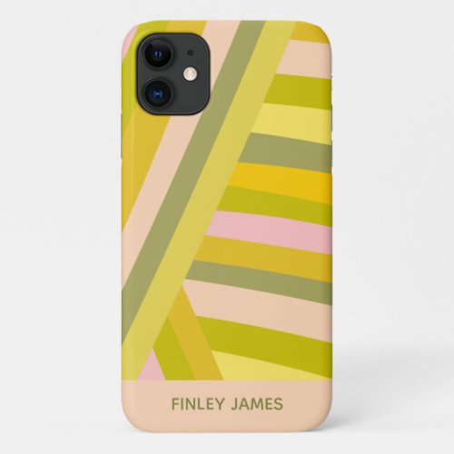 Bright Modern Citrus Stripes Green and Pink Name iPhone 11 Case