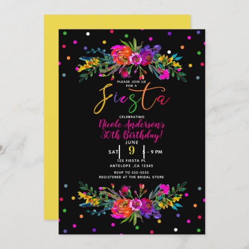 Bright Modern Floral  Black Fiesta Birthday Party Invitation