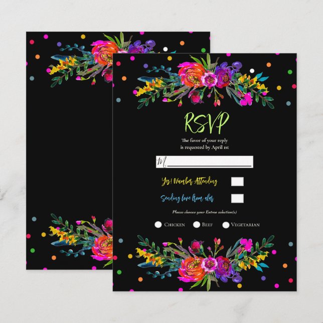Bright Modern Floral & Black Fiesta RSVP reply  Invitation (Front/Back)
