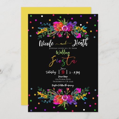 Bright Modern Floral  Black Fiesta Wedding  Invitation