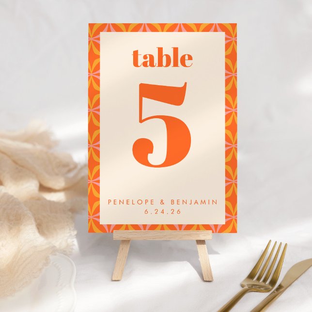 Bright Modern Orange Retro Geometric Custom Table Number (Creator Uploaded)