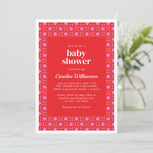 Bright Modern Red Pink Geometric Baby Shower Invitation (Standing Front)