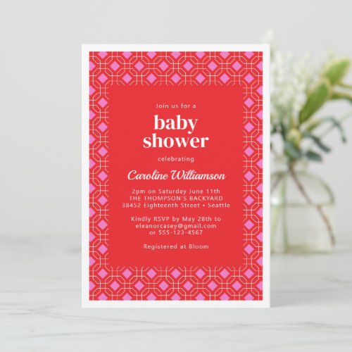 Bright Modern Red Pink Geometric Baby Shower Invitation