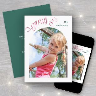 Bright Modern Script Merry Arched Photo Christmas Holiday Card