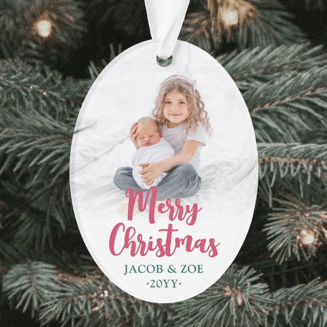 Bright Modern Script Merry Christmas 2 Photos Oval Ornament (Creator Uploaded)