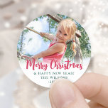 Bright Modern Script Merry Christmas Simple Photo Classic Round Sticker<br><div class="desc">Add a stylish finishing touch to Christmas gifts, holiday cards and party favors with modern colorful custom photo round stickers. The picture and all wording on this template are simple to customize for envelope seals or gift tags. The script can be Merry Christmas, Happy Holidays, Seasons Greetings, or Happy New...</div>