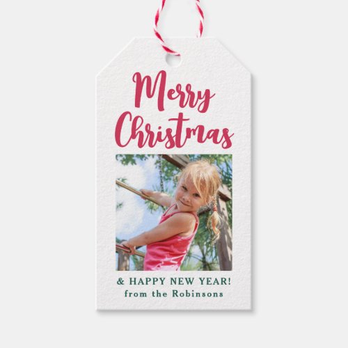 Bright Modern Script Merry Christmas Simple Photo Gift Tags