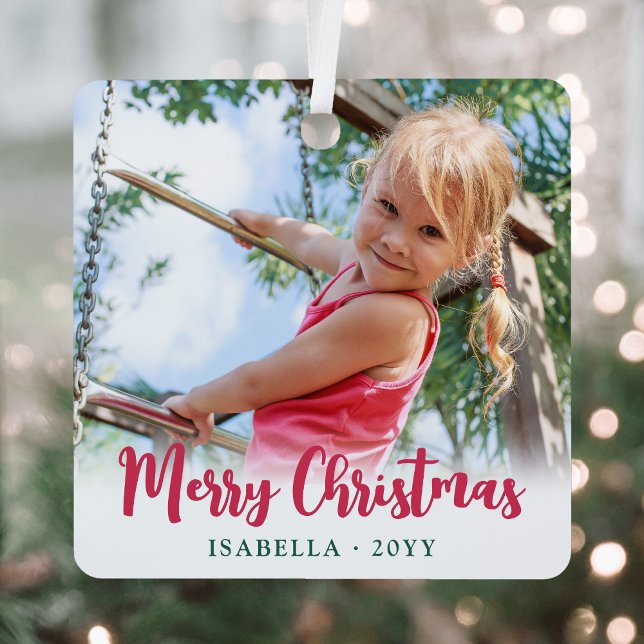 Bright Modern Script Merry Christmas Simple Photo Metal Ornament (Creator Uploaded)